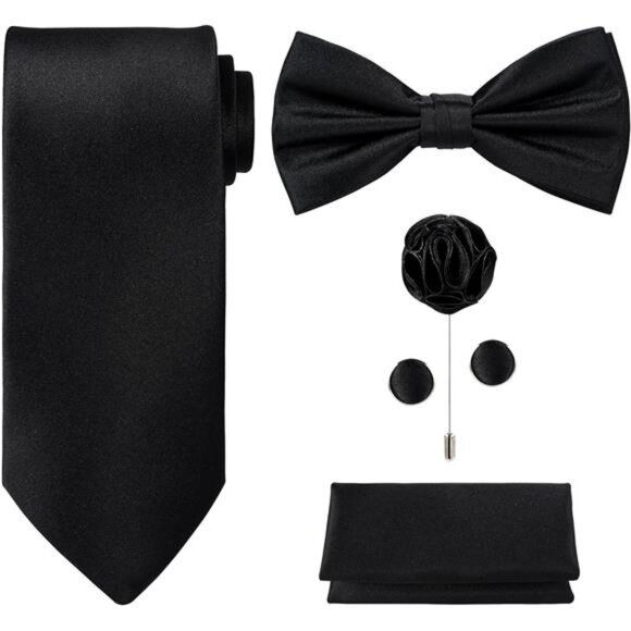 5pcs Tie Set in Gift BOX WHITE OR BLACK: Solid Color Necktie, Satin Bow Tie - Picture 1 of 7